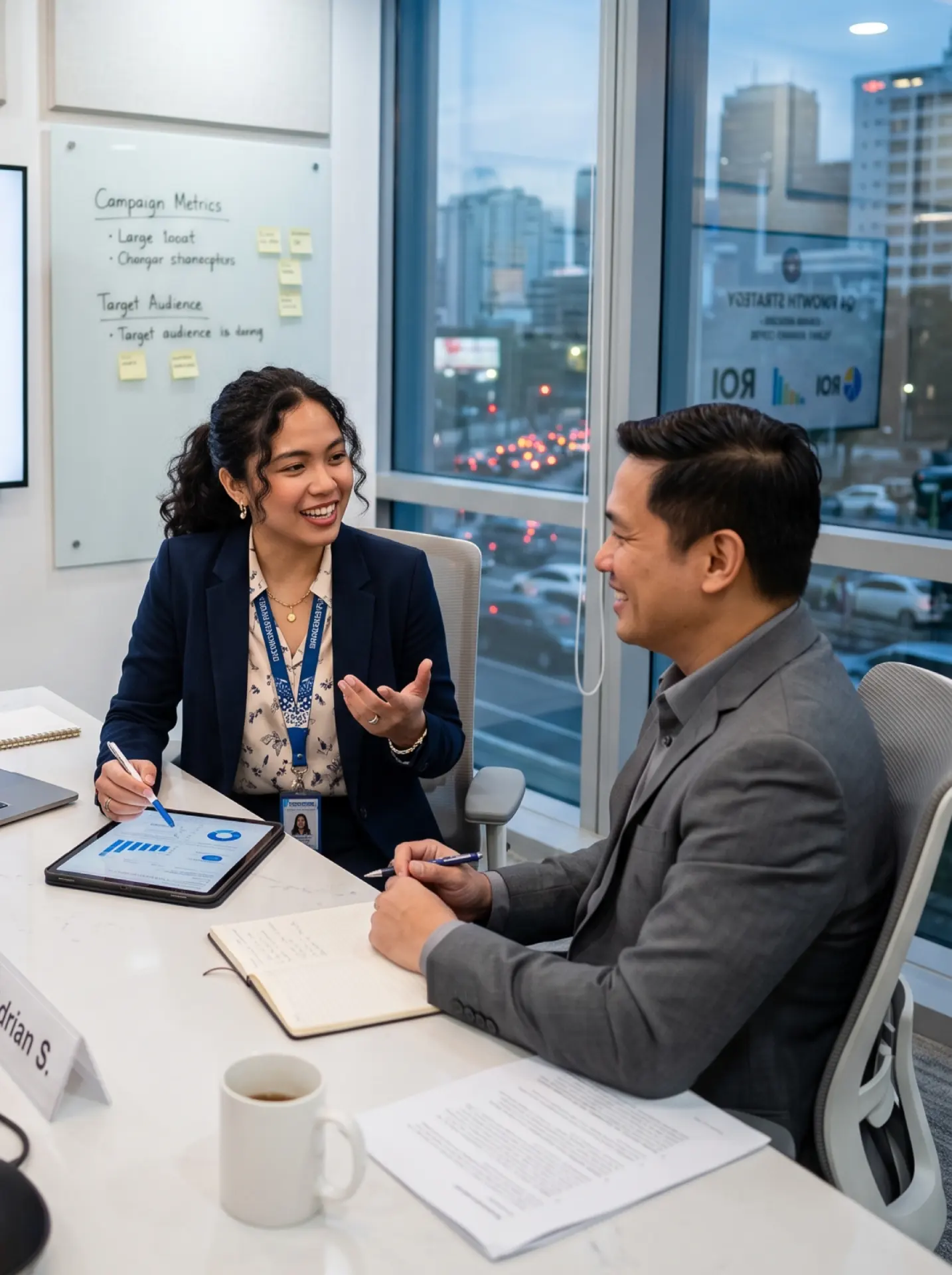 Two smiling business professionals discussing charts on a tablet in a modern office meeting room with a city view.