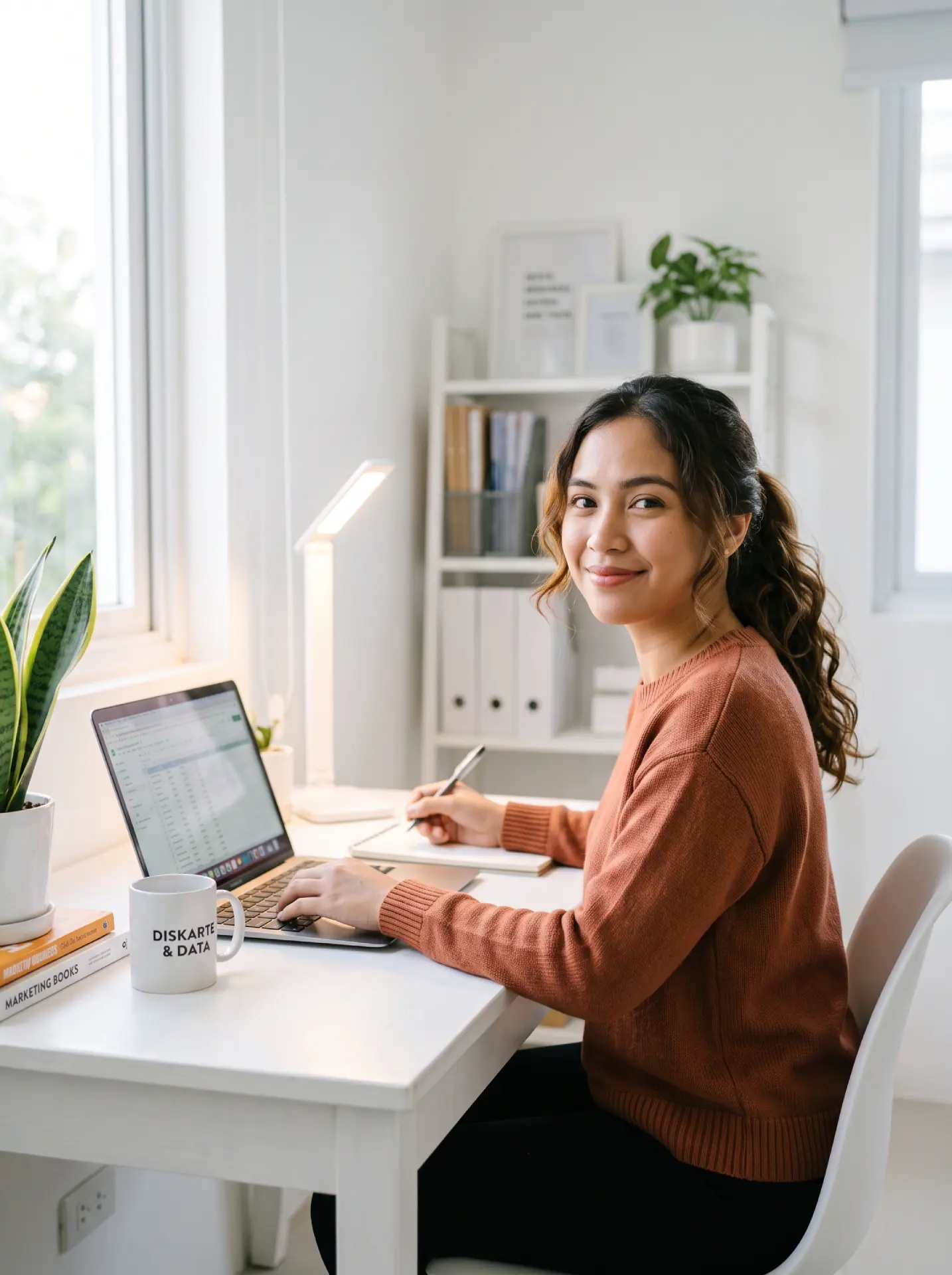 A smiling woman in a rust-colored sweater sitting at a bright desk, working on a laptop and taking notes