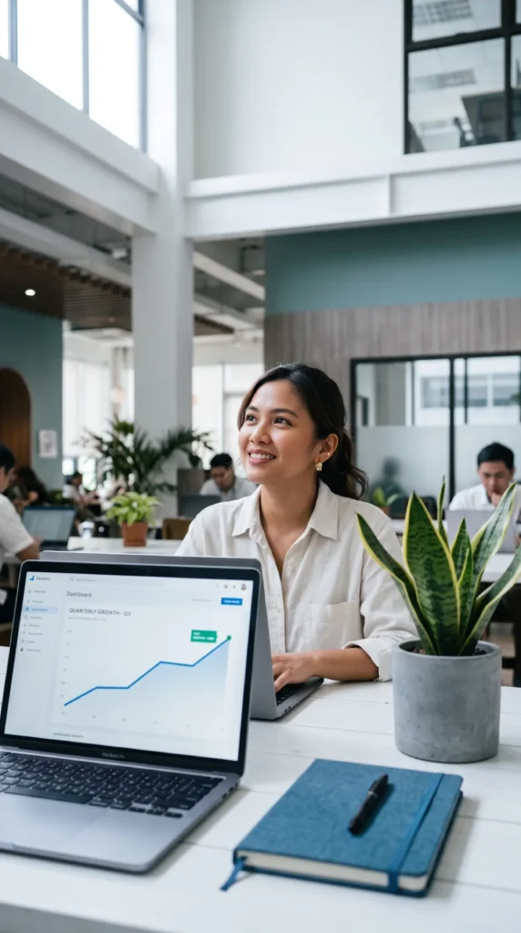 A smiling businesswoman working on a laptop in a modern open-plan office, with a second laptop displaying an upward-trending quarterly growth chart in the foreground.