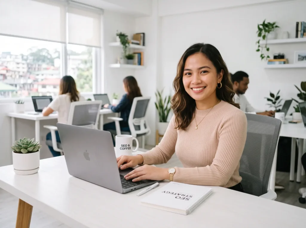 A smiling woman working on a laptop at a bright office desk, featuring an 'SEO & Coffee' mug and an 'SEO Strategy' notebook, with colleagues working in the background.