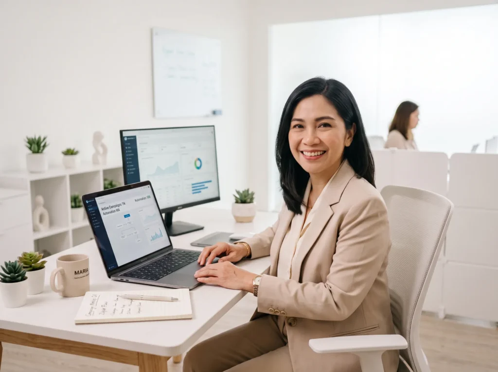 A smiling woman in a beige blazer working at a bright office desk, featuring a laptop and monitor displaying data charts, alongside a personalized 'MARIA' mug.