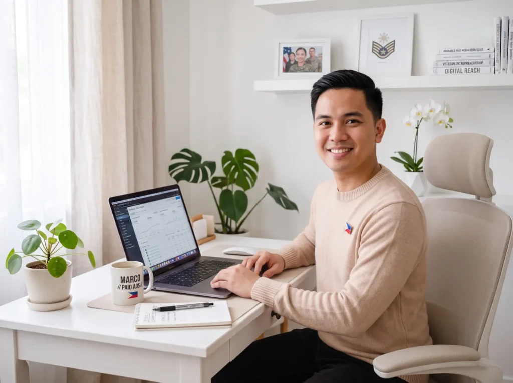 Here is a short alt text for the image: "A smiling man in a beige sweater working on a laptop at a bright home office desk, featuring a 'MARCO / PAID ADS' mug and data charts on the screen
