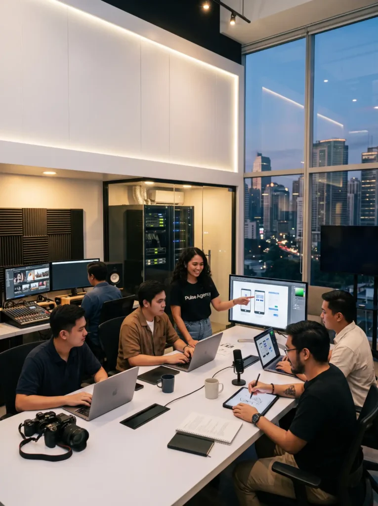A digital marketing team collaborating on mobile app designs in a modern high-rise office overlooking a city skyline at dusk.