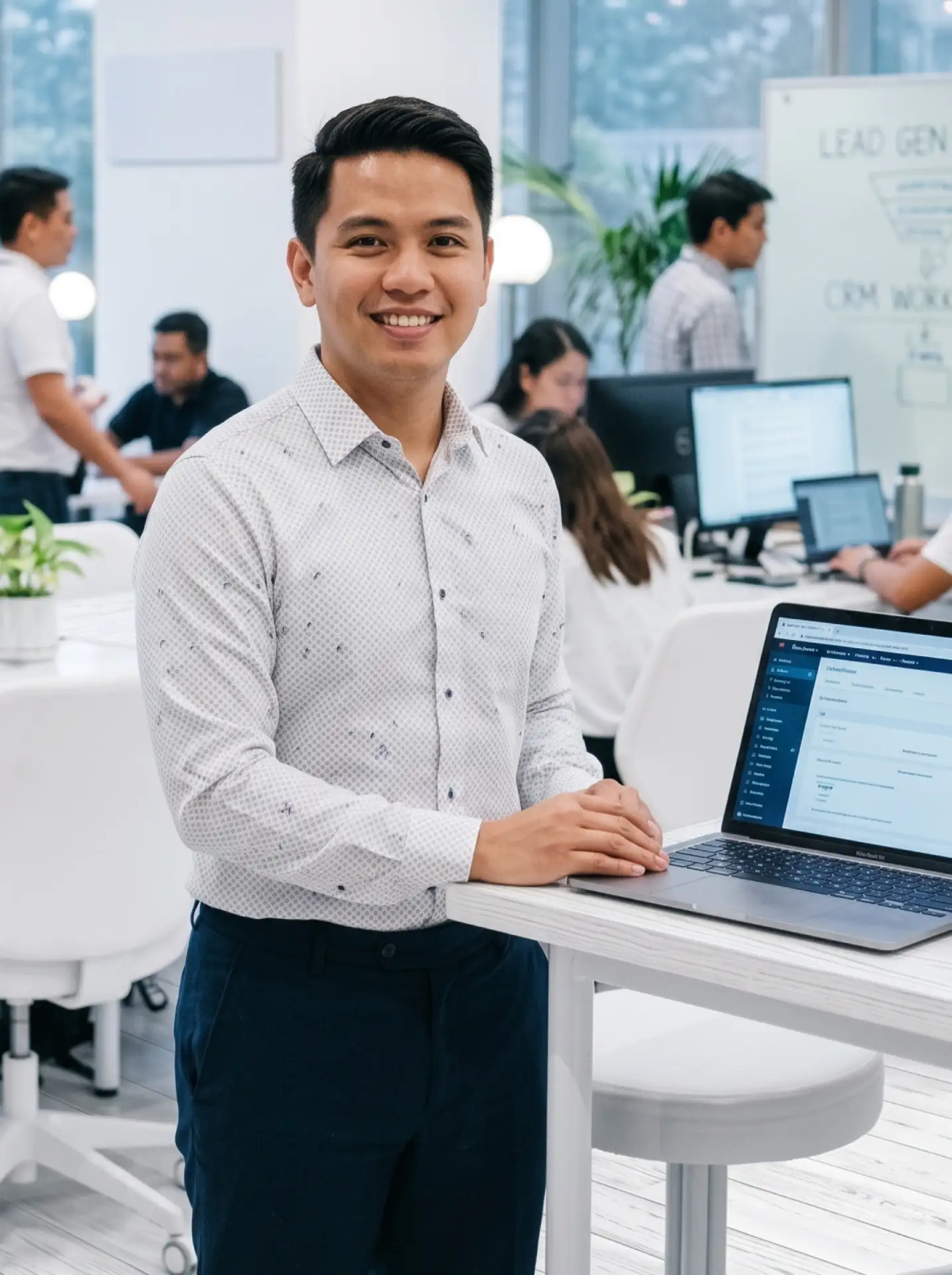 A smiling man standing at a high desk with an open laptop in a bright, modern open-plan office with colleagues working in the background.