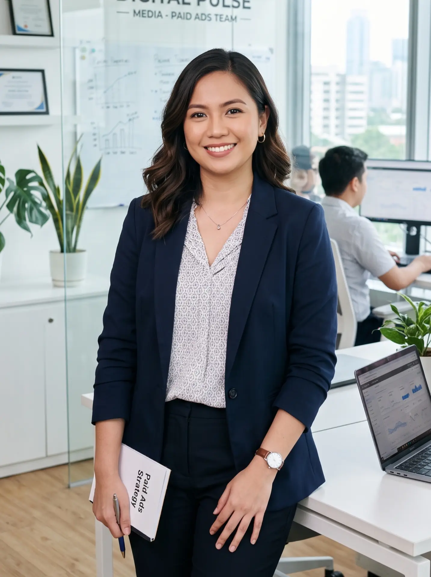 A smiling professional woman in a navy blazer standing in a bright office, holding a "Paid Ads Strategy" document.