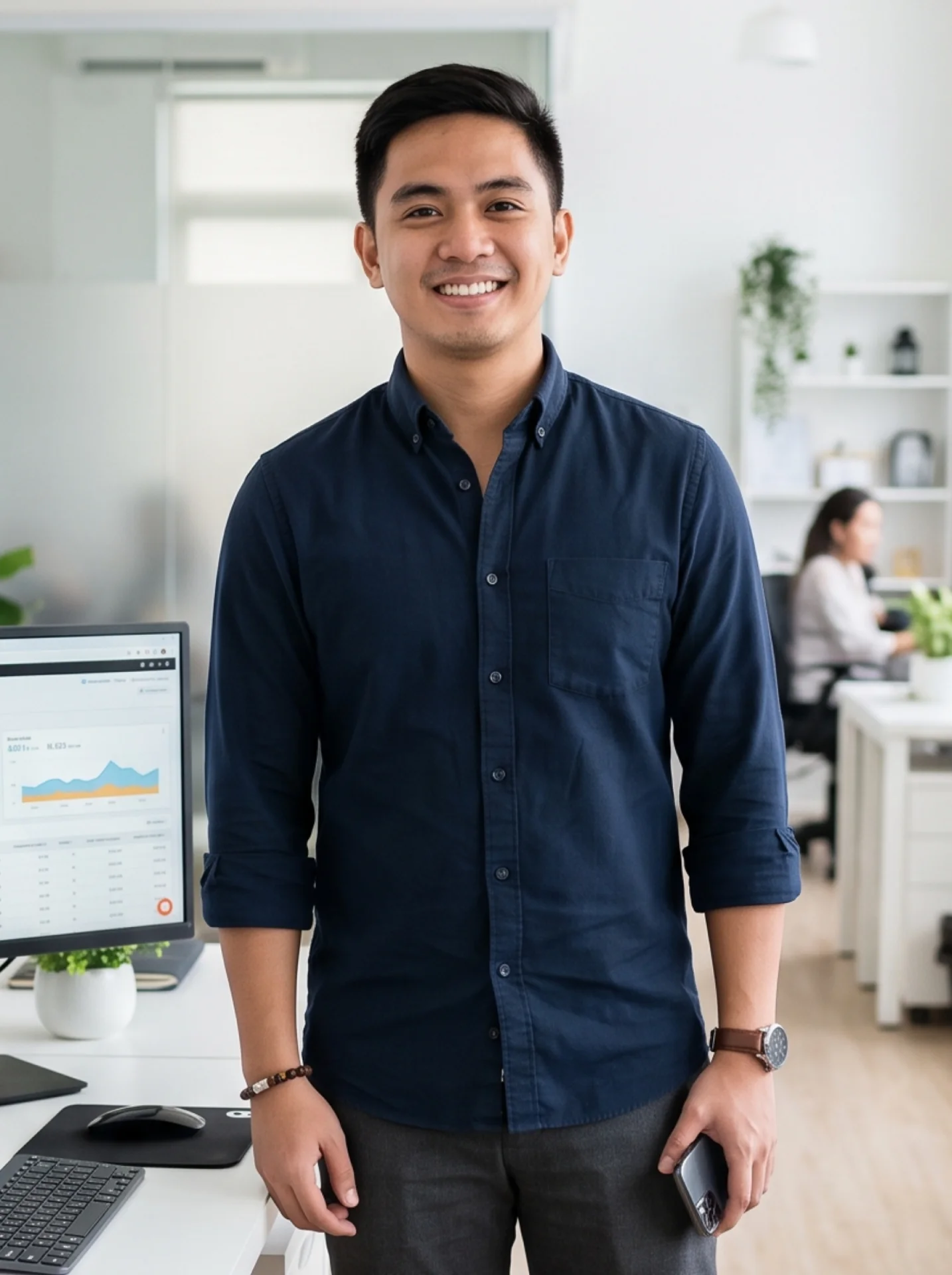 A smiling professional man in a navy blue shirt standing in a bright, modern office next to a computer monitor displaying data analytics.