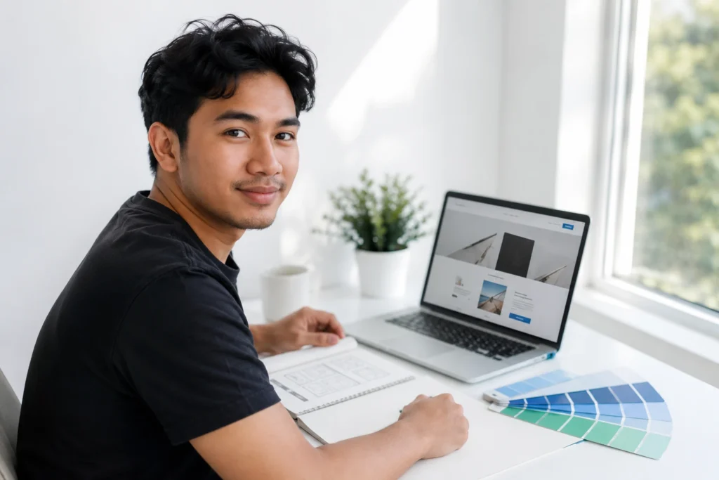 A smiling young man looking over his shoulder while working at a bright, window-facing desk equipped with a laptop, wireframe sketches, and color palette swatches.