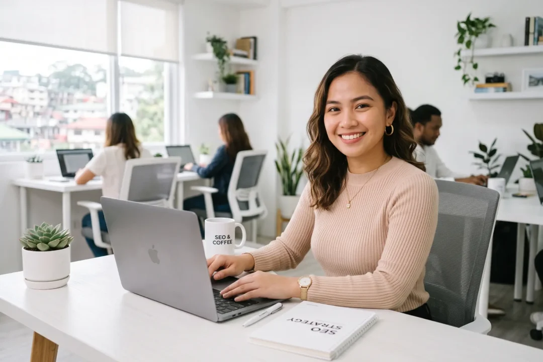 A smiling woman working on a laptop at a bright office desk, featuring an 'SEO & Coffee' mug and an 'SEO Strategy' notebook, with colleagues working in the background.