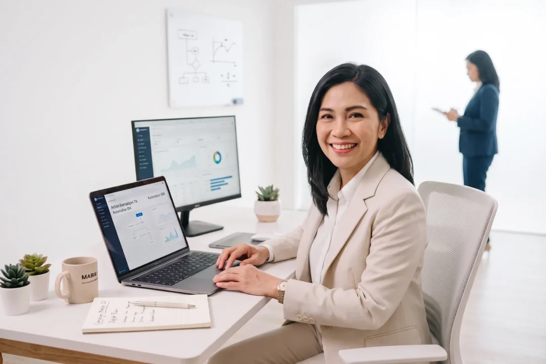 A smiling woman in a beige blazer working at a bright office desk, featuring a laptop and monitor displaying data charts, alongside a personalized 'MARIA' mug.