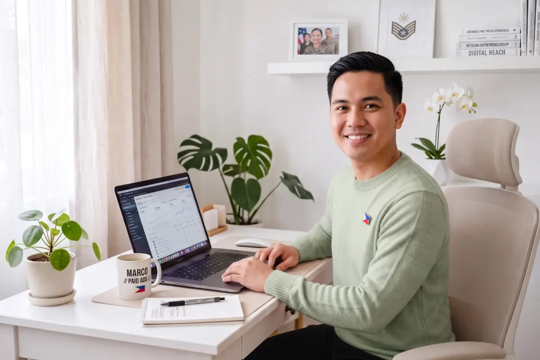 Here is a short alt text for the image: "A smiling man in a beige sweater working on a laptop at a bright home office desk, featuring a 'MARCO / PAID ADS' mug and data charts on the screen