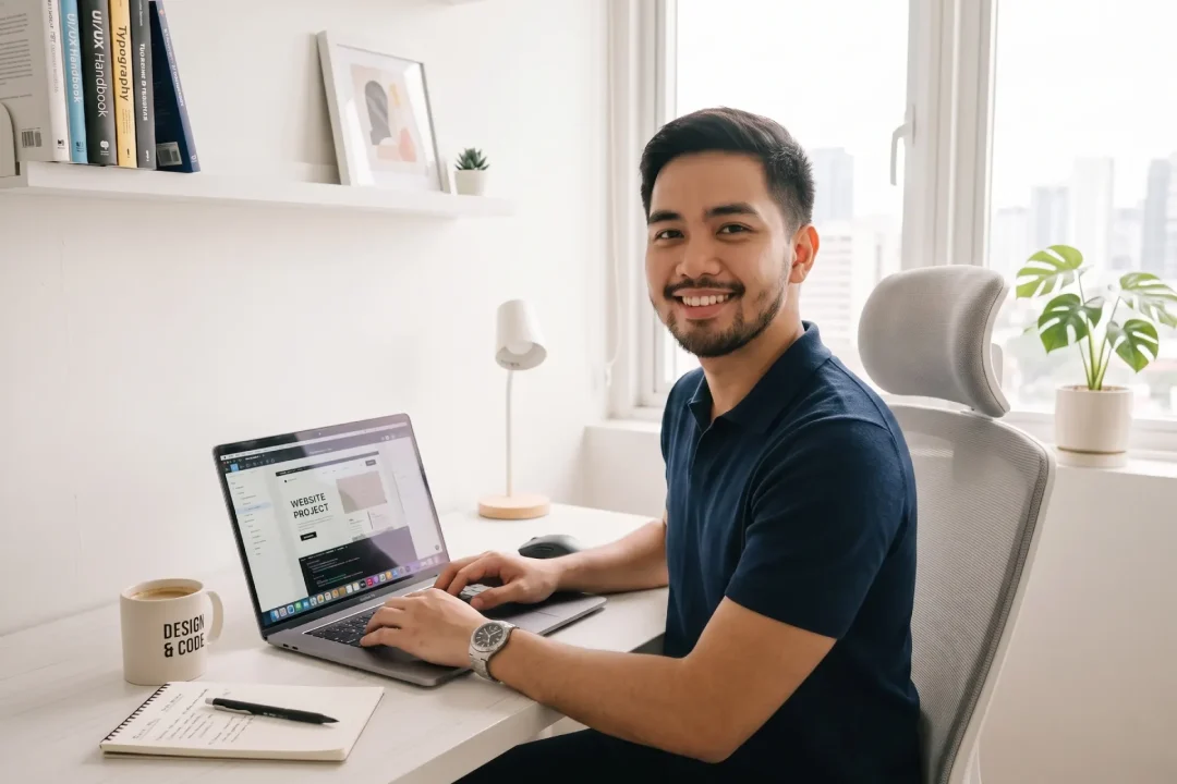 A smiling man in a beige polo shirt working on a laptop at a bright desk next to a window, featuring a 'DESIGN & CODE' mug and a website project displayed on his screen
